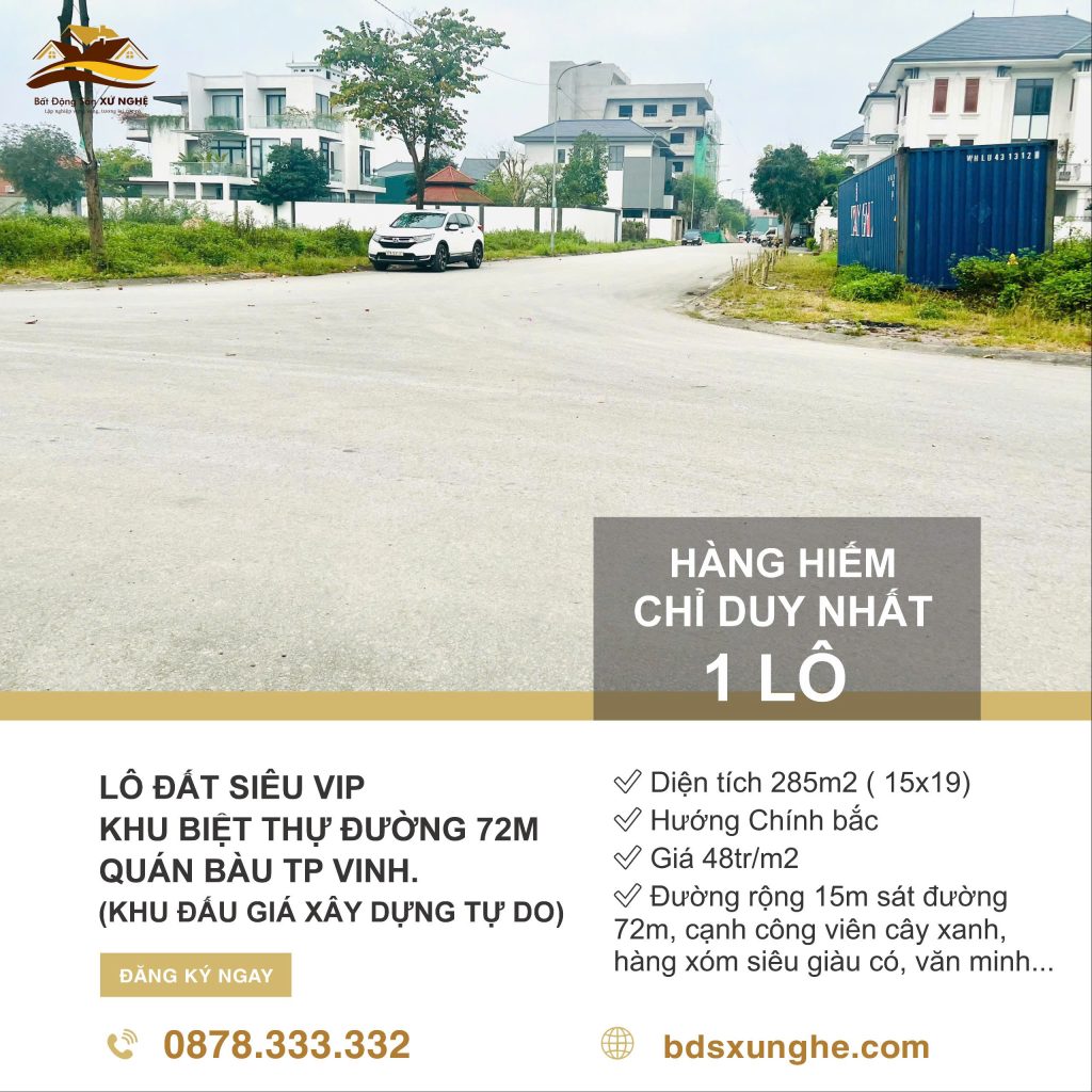 Bán Lô Đất Siêu VIP Khu Biệt Thự Quán Bàu TP Vinh