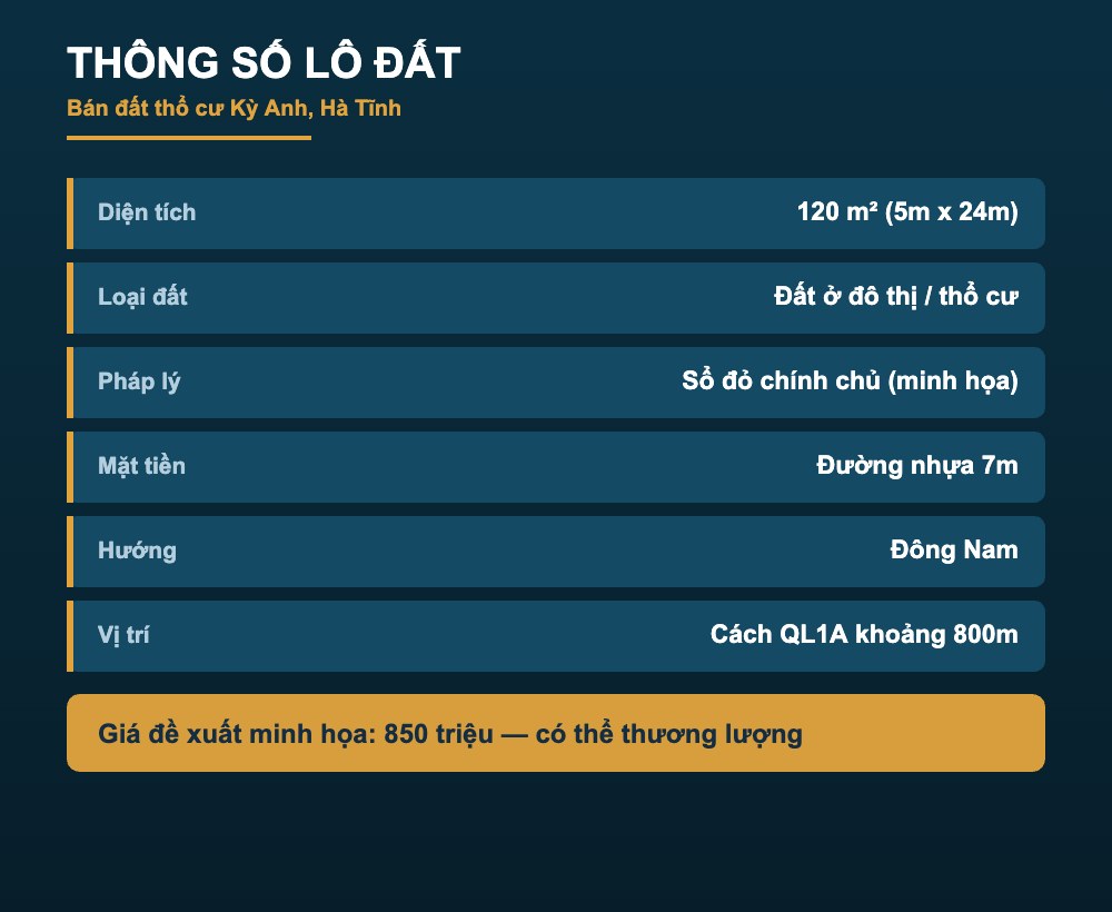 Bảng thông số lô đất thổ cư Kỳ Anh Hà Tĩnh diện tích 120m2