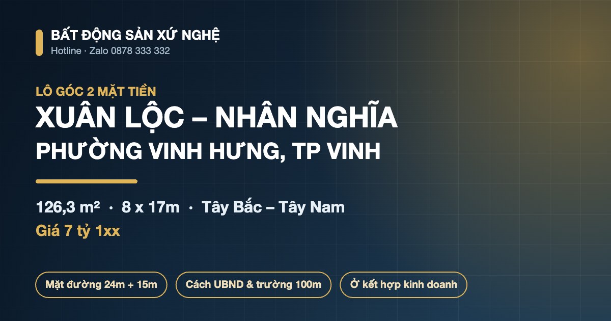 Bán lô góc 2 mặt tiền Xuân Lộc Nhân Nghĩa TP Vinh 126,3m2 đất ở lâu dài